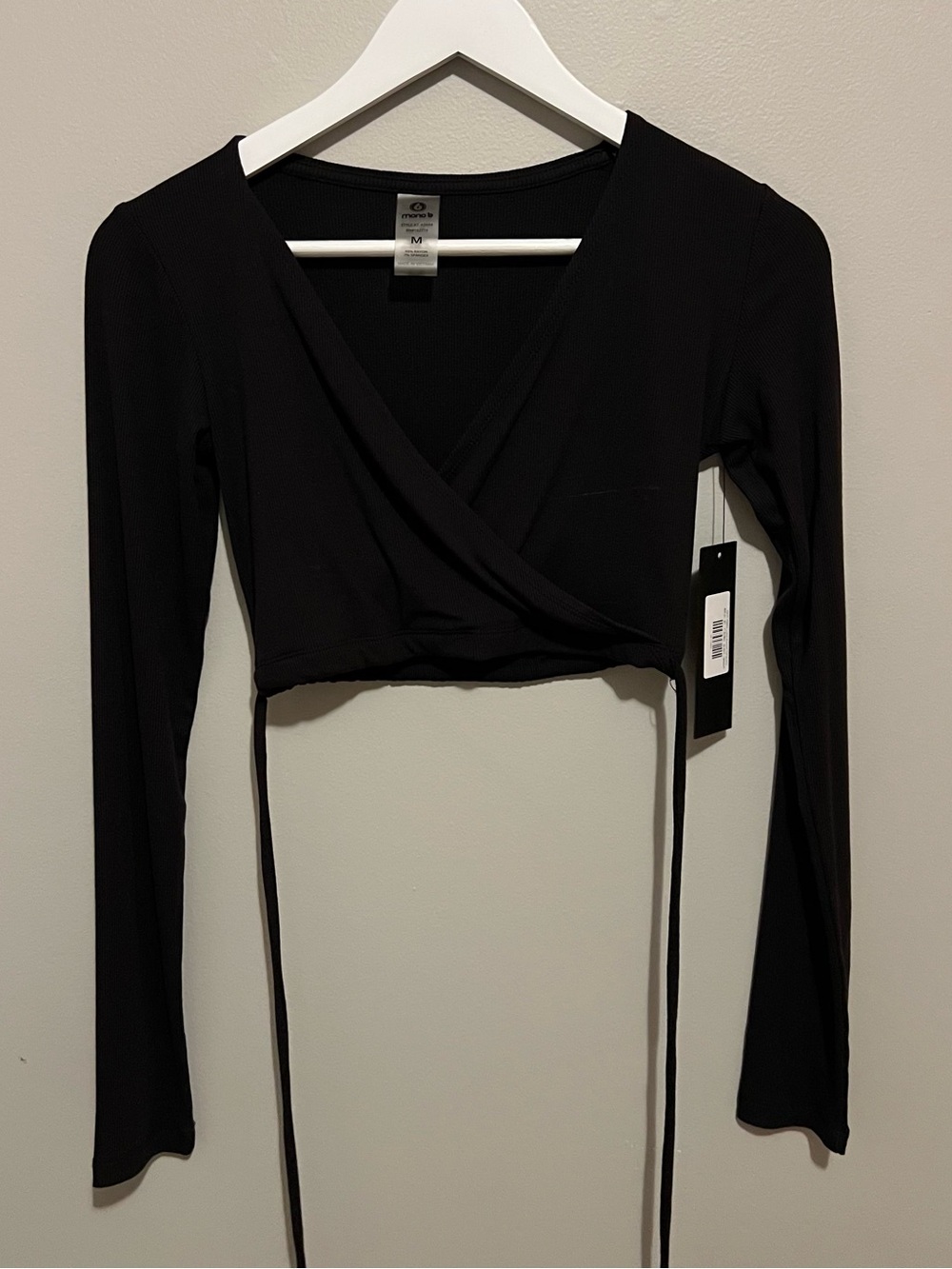 Mono B Black Long-Sleeve Wrap Crop Top with Tie